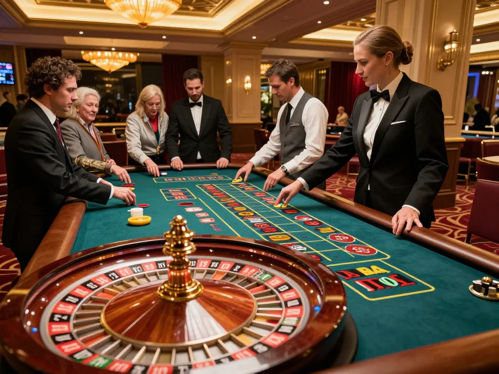 MAY88 players engaged at a high-stakes roulette table, strategizing their bets in a luxurious casino setting.