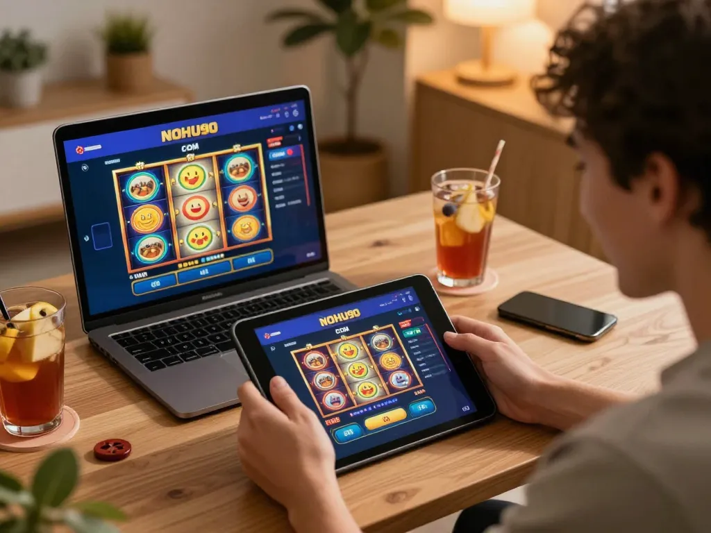 NoHU90 COM online gaming setup with a player enjoying vibrant slot machine action.