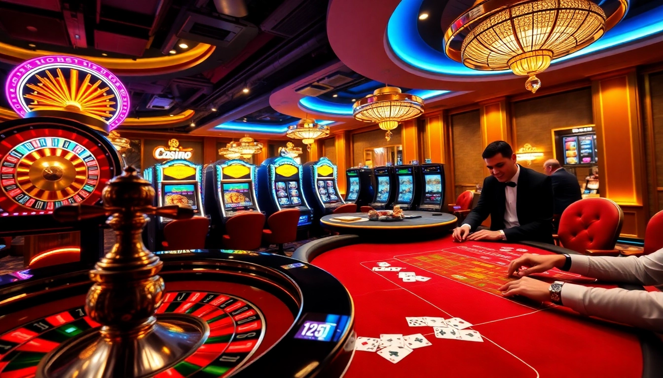KK55 casino scene featuring roulette, slots, poker chips, and vibrant excitement.