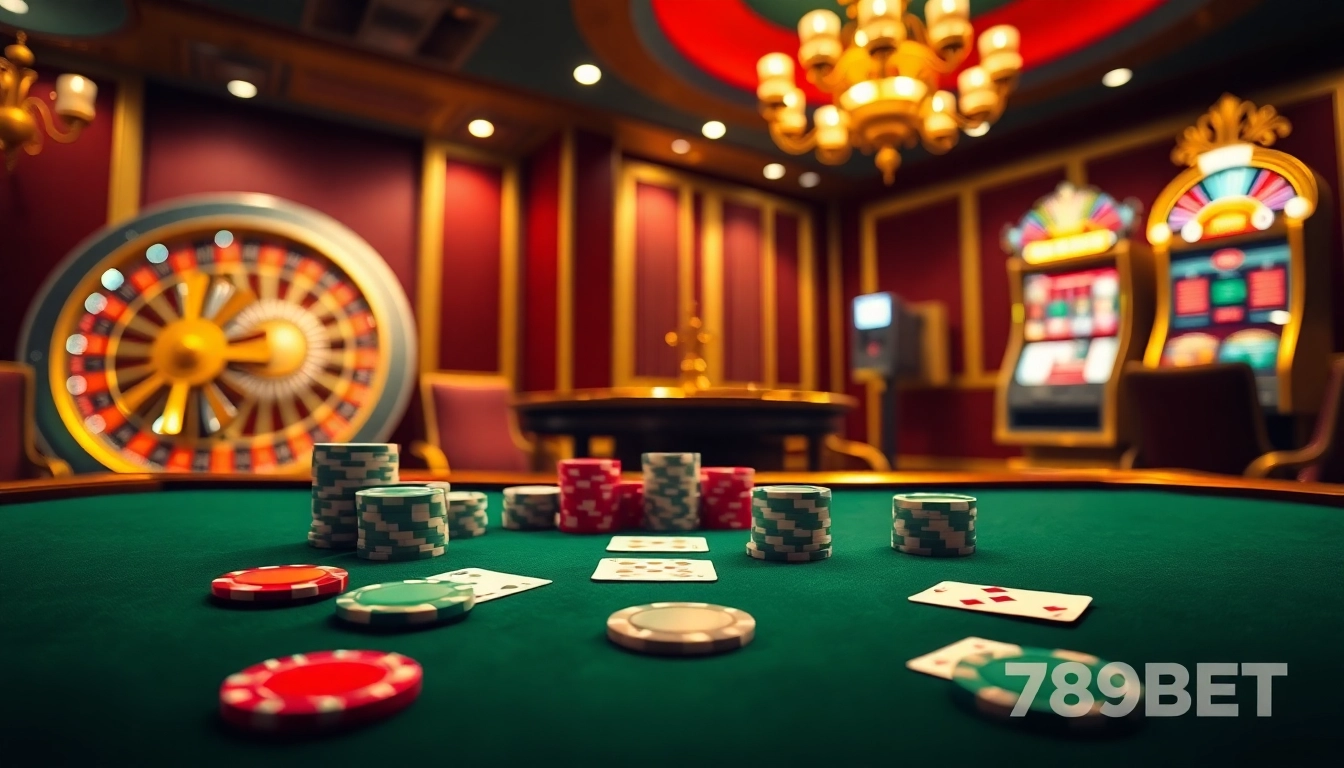 Experience the thrill of 789BET in a vibrant casino scene featuring poker and roulette.
