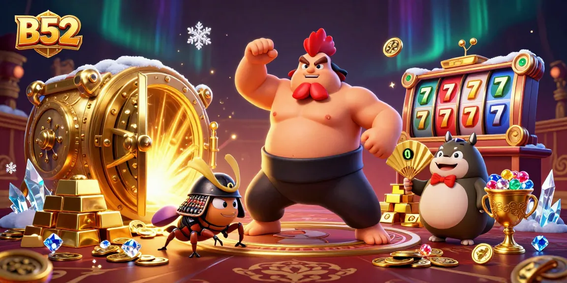 Engage with high-stakes B52 casino action featuring vibrant slot reels and dynamic gold elements.