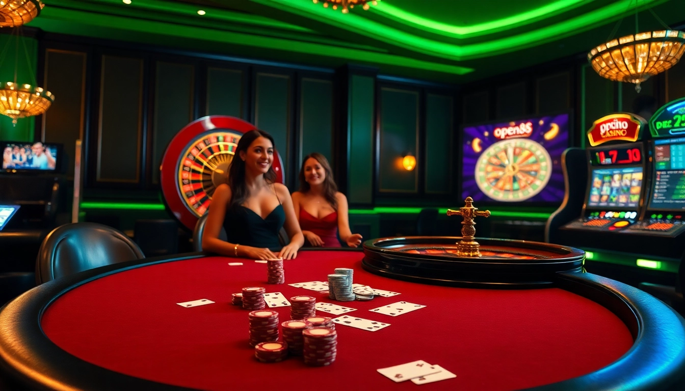 Players enjoying a thrilling game at open88 casino, surrounded by vibrant slot machines and a roulette wheel.