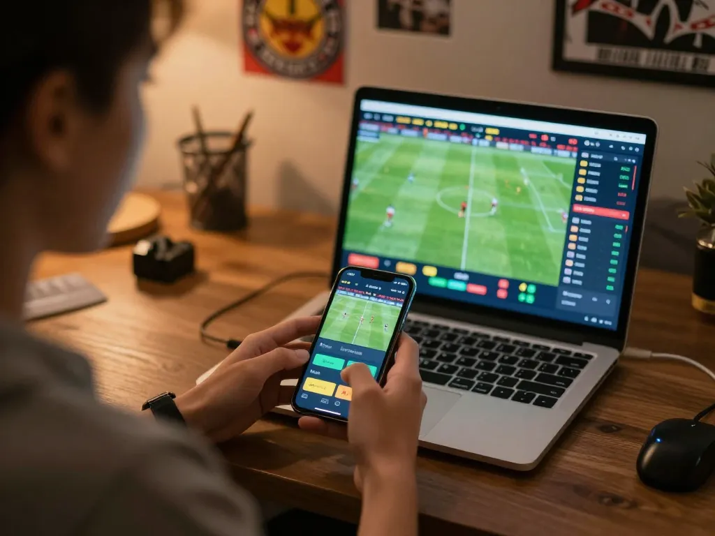 CakhiaTV user engaging in live sports betting on smartphone while watching football match