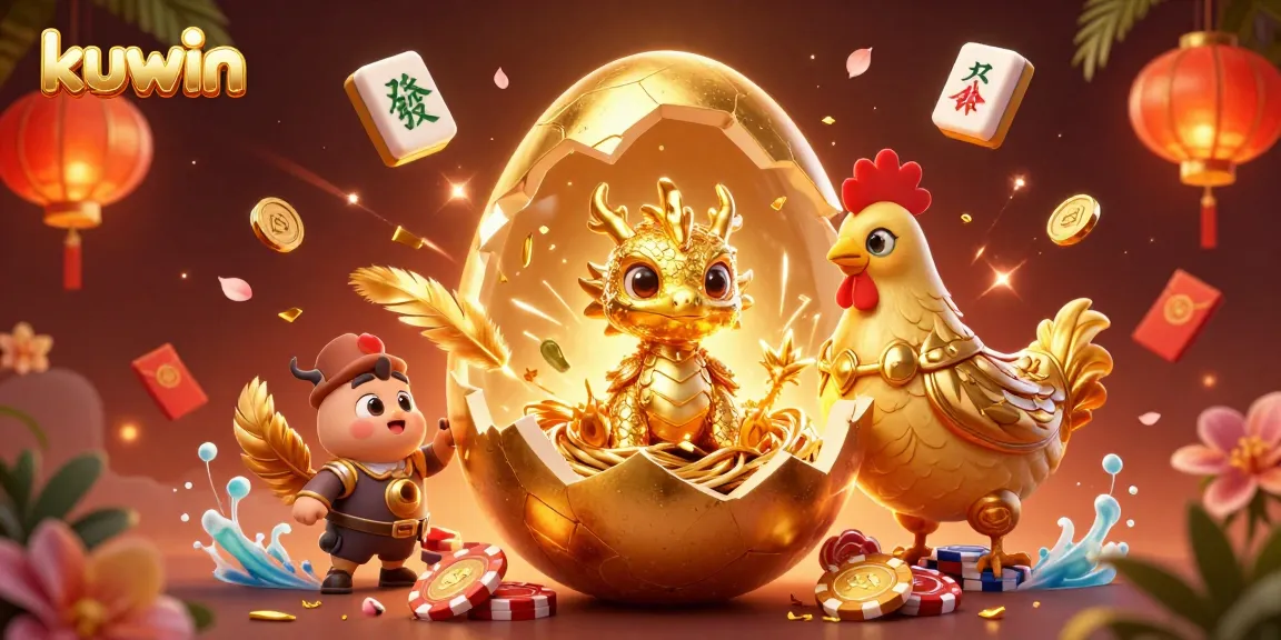 Kuwin offers thrilling gameplay with a golden dragon and poker chips in a vibrant online casino illustration.