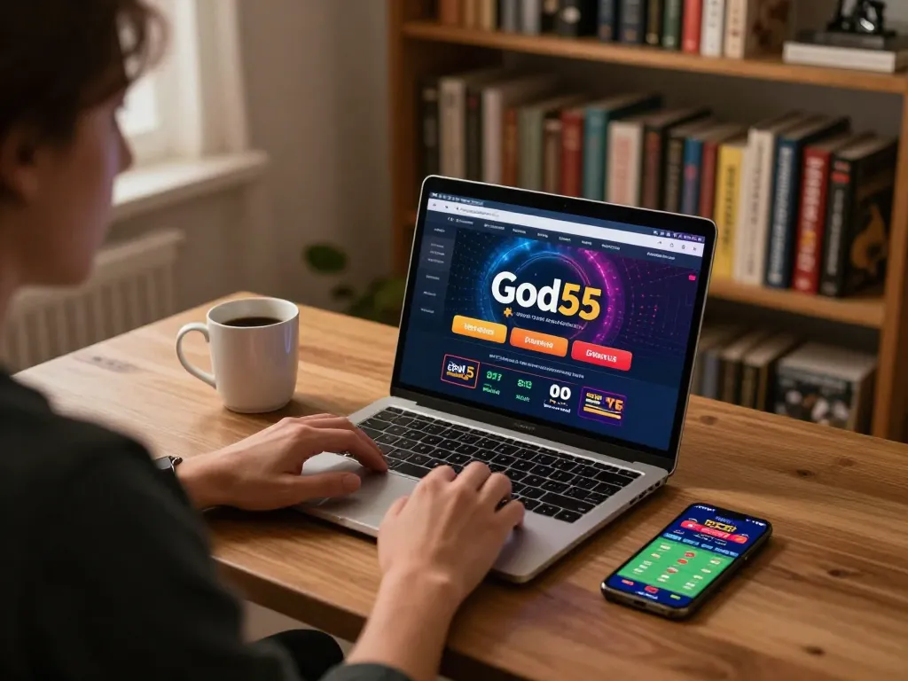 Person engaging with God55 online casino interface on laptop in cozy home office