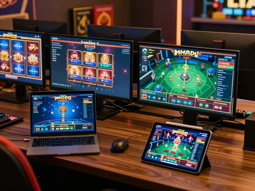 Engaging online gaming setup displaying MMOO casino games on multiple screens, showcasing a strategic gaming experience.