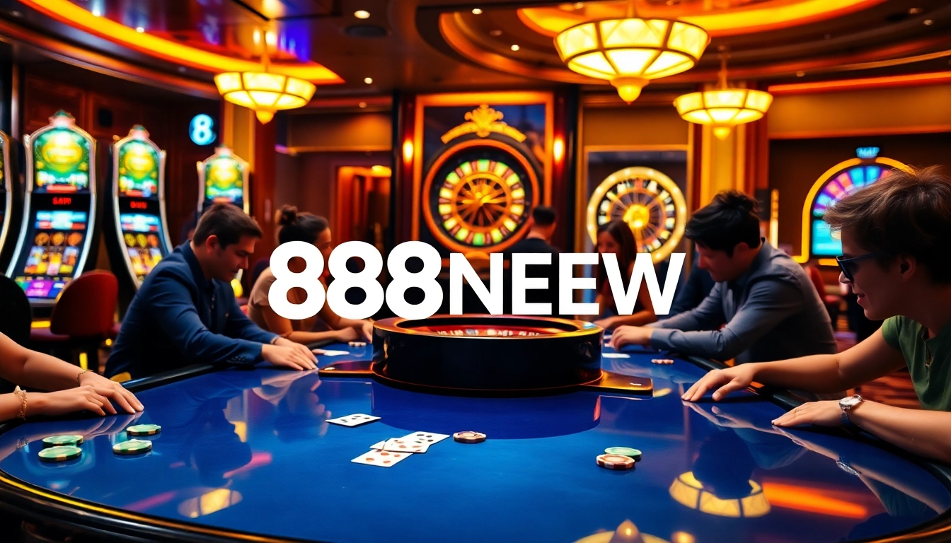 Players enjoying a thrilling poker game at 888NEW casino, surrounded by vibrant slot machines.