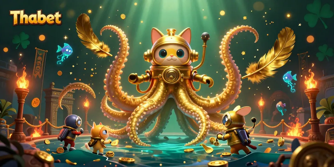 Engage in thrilling gameplay at Thabet, featuring a kraken, diving cat, and treasure-filled ocean.