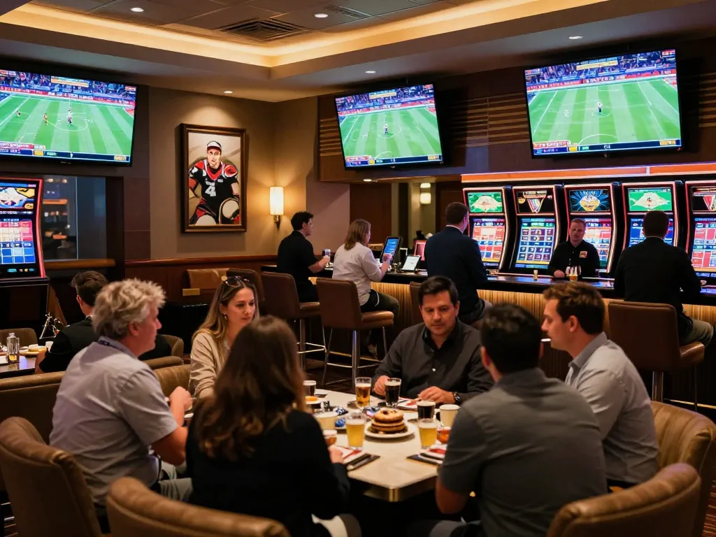 Engaged bettors analyzing ty le ca cuoc in a luxurious sports betting lounge with vibrant atmosphere.