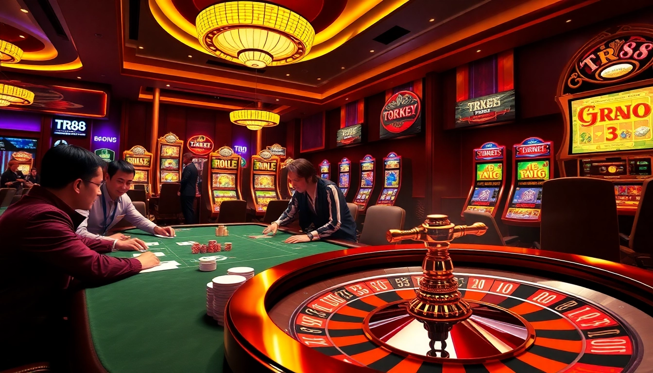 Experience the excitement of TR88 with players engaged in a thrilling casino game at a luxurious poker table.