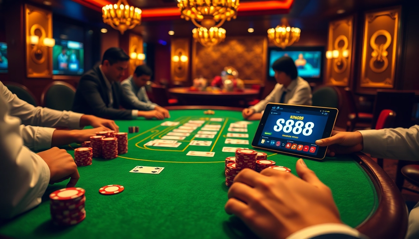 Exciting poker game scene with King88 branding, vibrant chips, and luxury atmosphere.