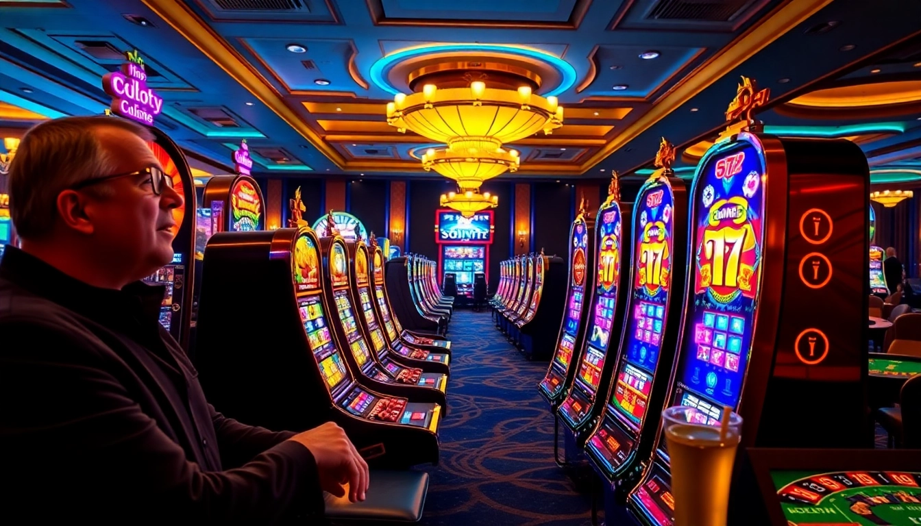 Slot gacor players intensely engaged in a thrilling casino atmosphere with vibrant machines.