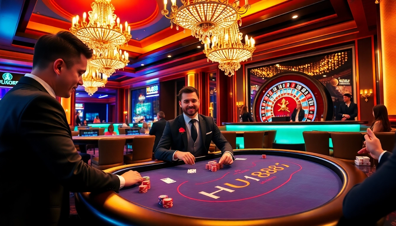 Engaging players at HU888 poker table with vibrant casino atmosphere.