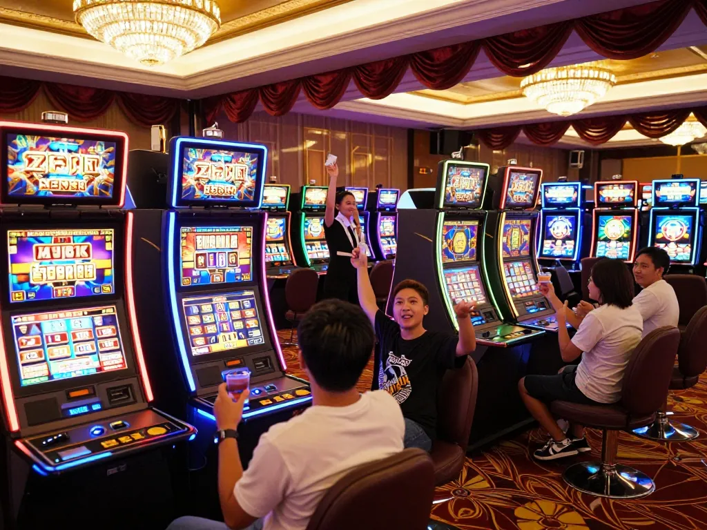 XX88 players celebrating wins at vibrant slot machines in a luxurious casino environment.