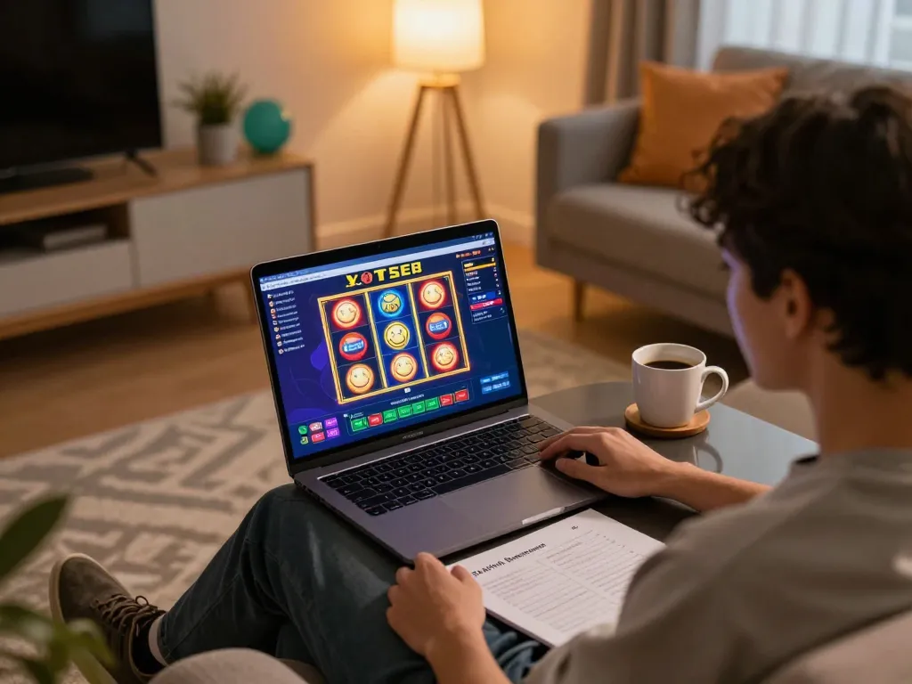 Engaging in slot88 gameplay on a stylish laptop at home with notes on bankroll management