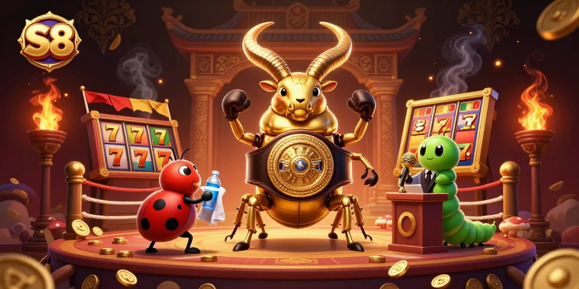 Experience thrilling wins at S8 with a giant beetle boxing promoter and vibrant casino visuals.