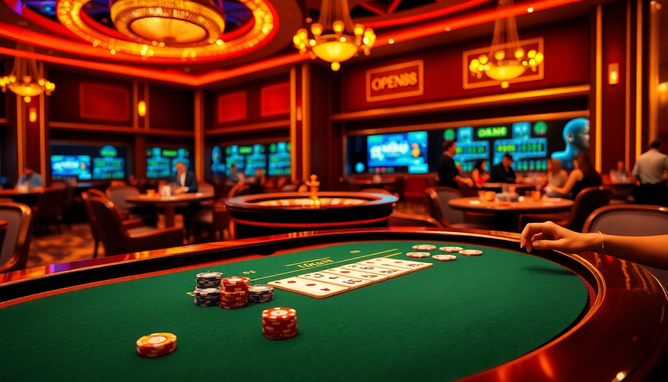Engaging casino scene for OPEN88 with vibrant poker chips and roulette wheel.
