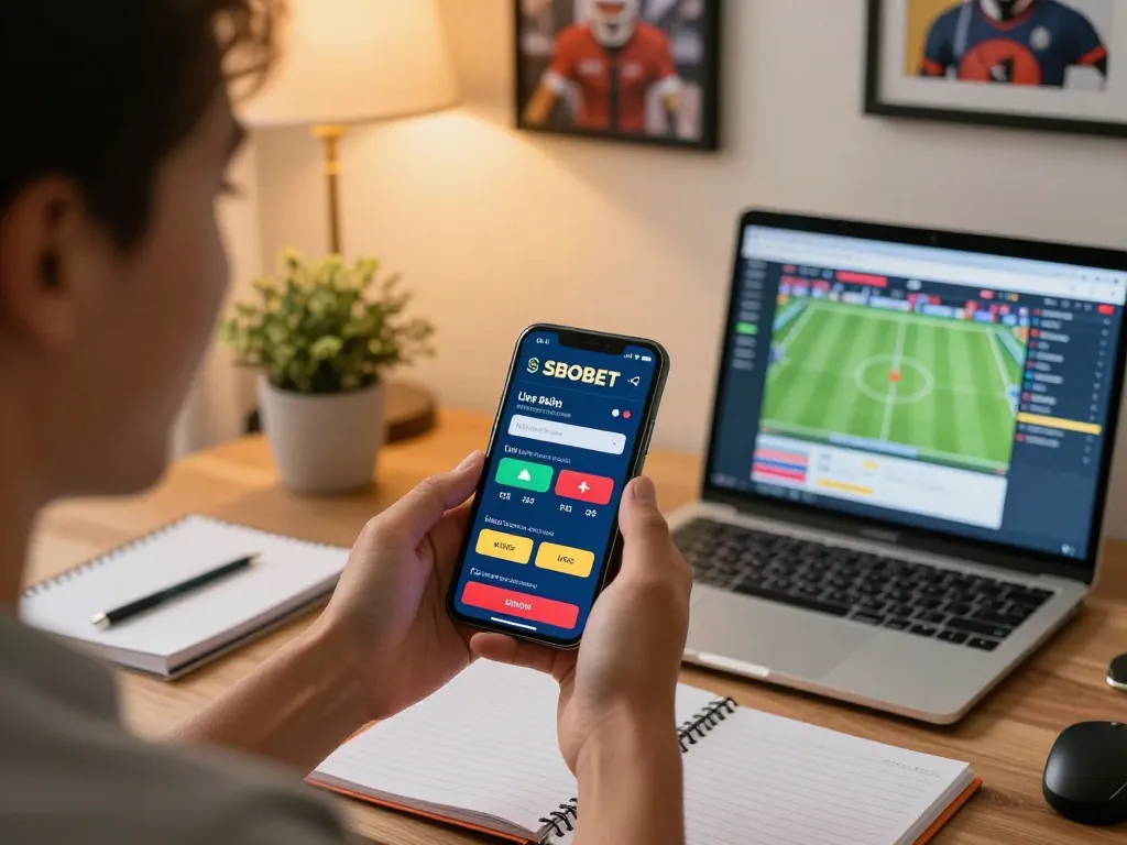 SBOBET app displayed on smartphone during an exciting online sports betting session at home