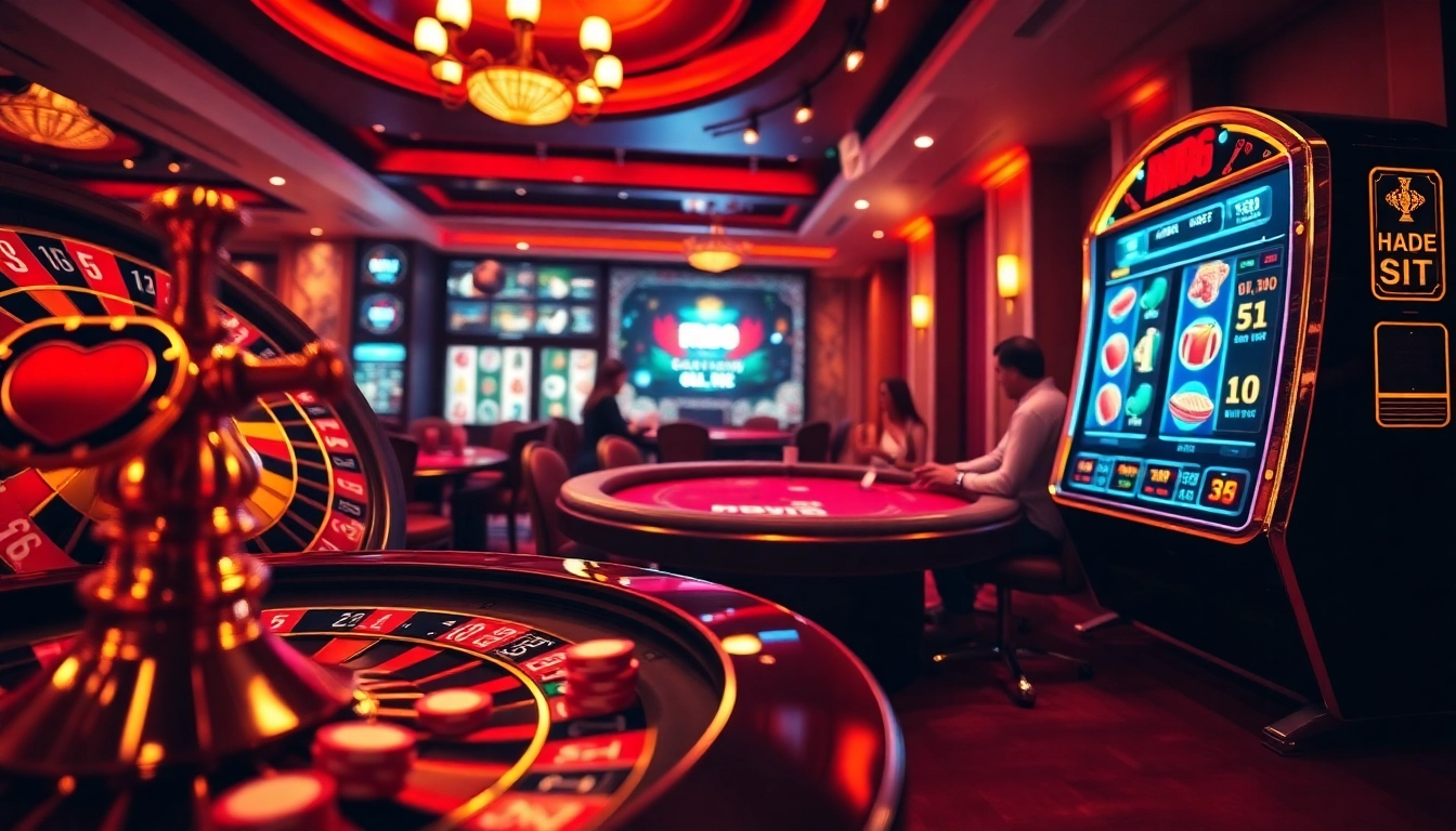 Experience thrilling gaming at RR88 with vibrant roulette, poker, and slot visuals.