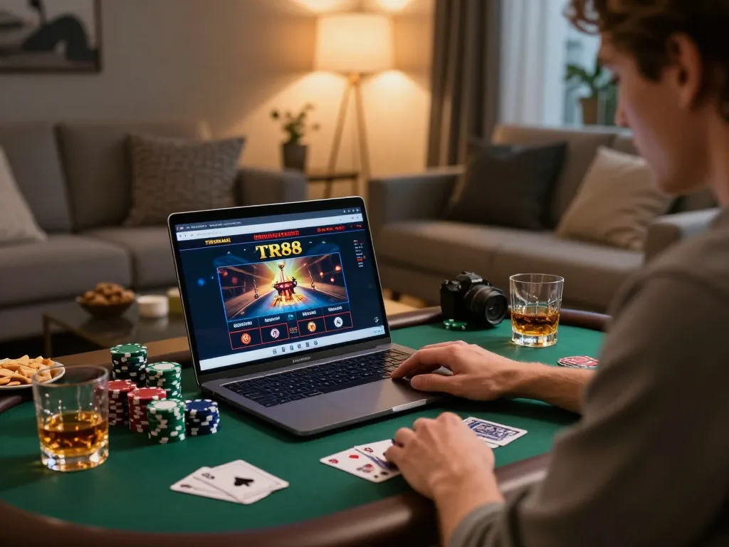 Engaging in TR88 online casino gameplay at a cozy home setup with poker chips and warm lighting.