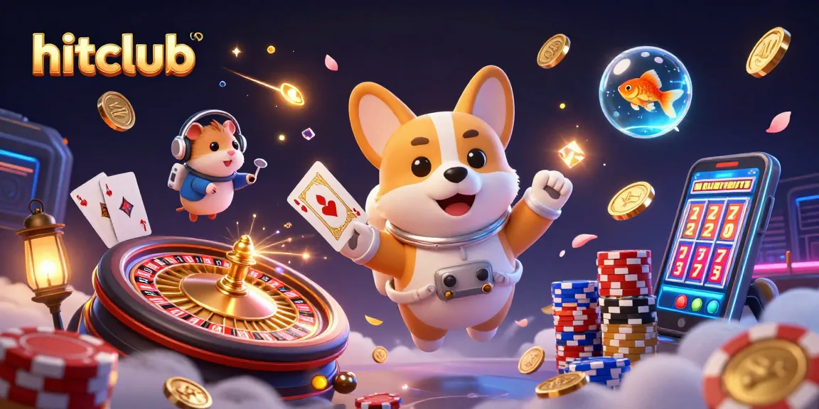 hitclub's dynamic casino scene showcasing a 3D corgi astronaut surrounded by drifting poker elements and floating treasures