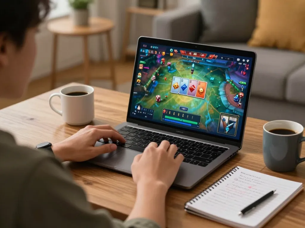 Engaging in game bài on a laptop, showcasing vibrant card graphics and cozy gaming setup.