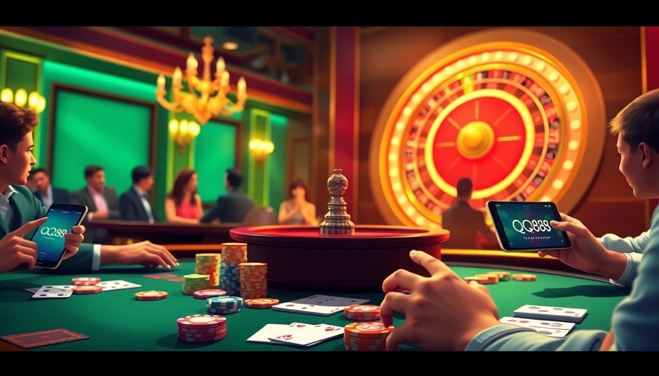 Engaged players at a QQ88 poker table, showcasing vibrant chips and cards in a luxurious casino atmosphere.