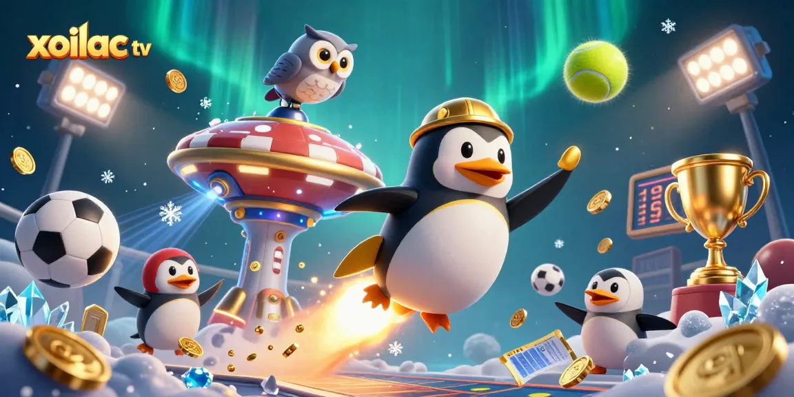 Xoilac TV highlights exciting features with dynamic betting elements and a golden penguin mascot.