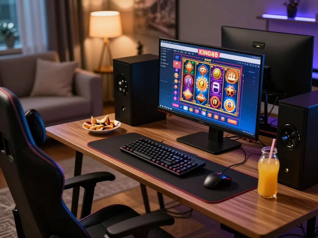 Engaging in online gaming at KING88 with vibrant slot games displayed on the screen in a cozy home setting.
