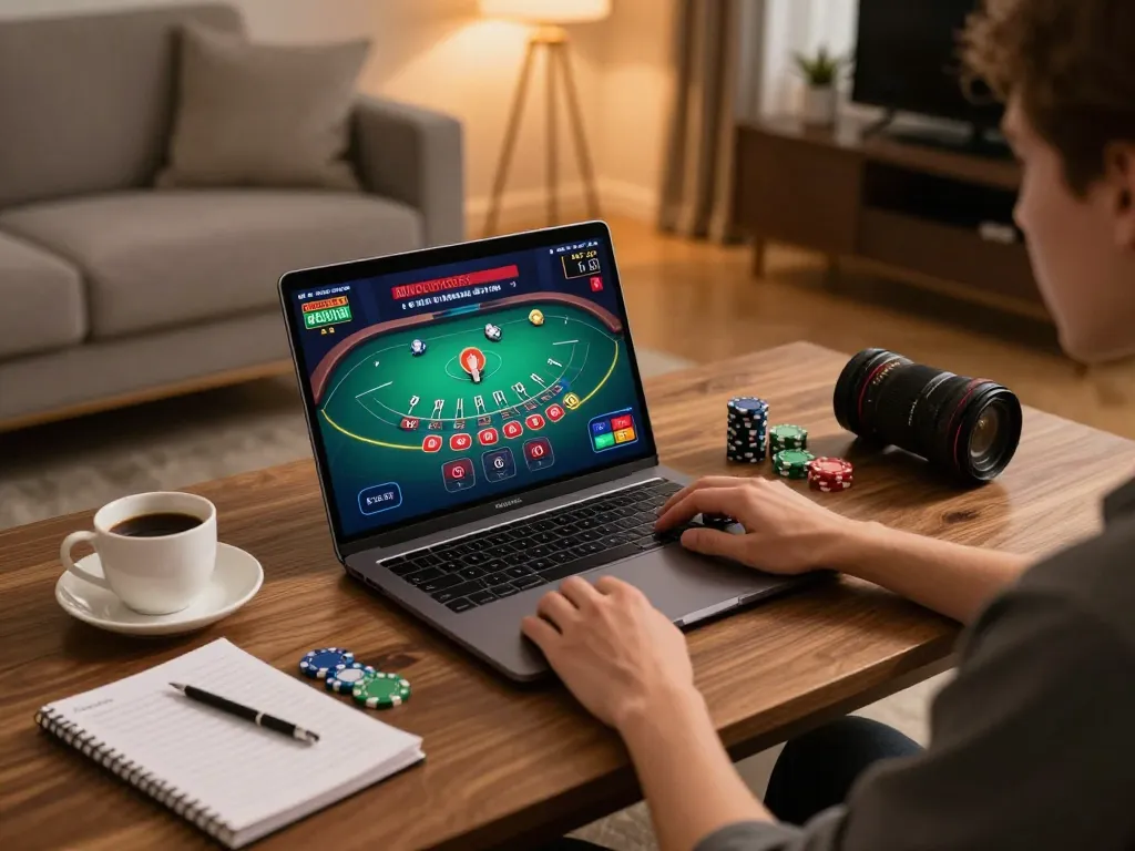 Engaging in online casino action at https://sc88.casino/ with a vibrant blackjack game setup, chips, and cozy ambiance.