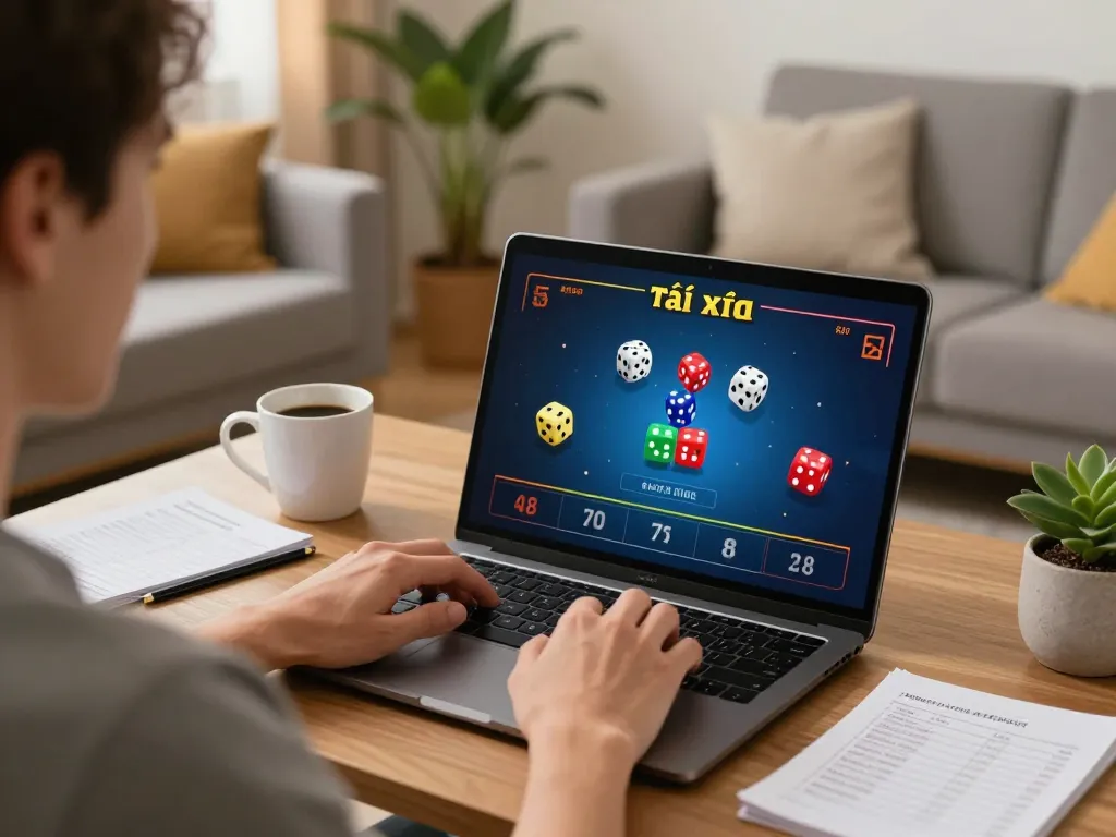 Tài xỉu online gameplay on a laptop in a cozy living room, showcasing an engaging gaming atmosphere.