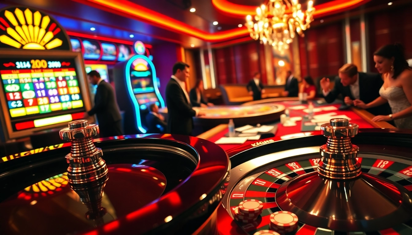 Exciting gamified environment showcasing Kqxs with roulette wheel, poker chips, and dynamic casino lights.