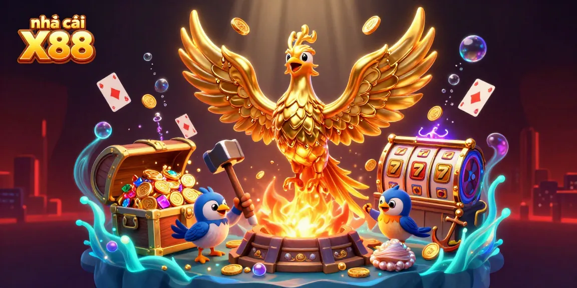 Experience the excitement of nhà cái X88 through this vibrant 3D illustration filled with treasures and games.