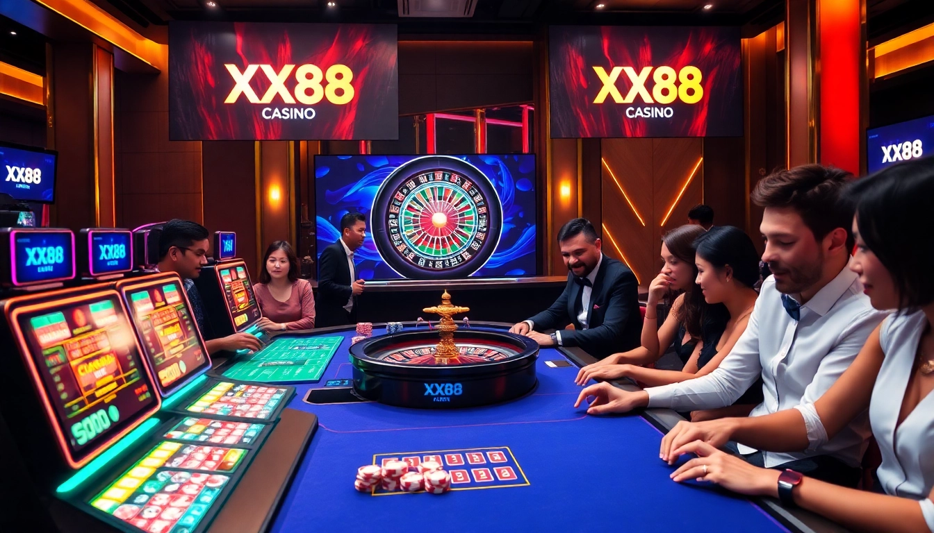 Players enjoying an exciting game at XX88 online casino featuring vibrant tables and slot machines.