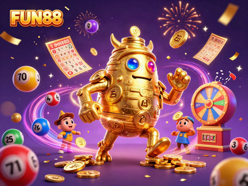 Experience excitement with FUN88's vibrant lottery elements and captivating golem in a dynamic scene.