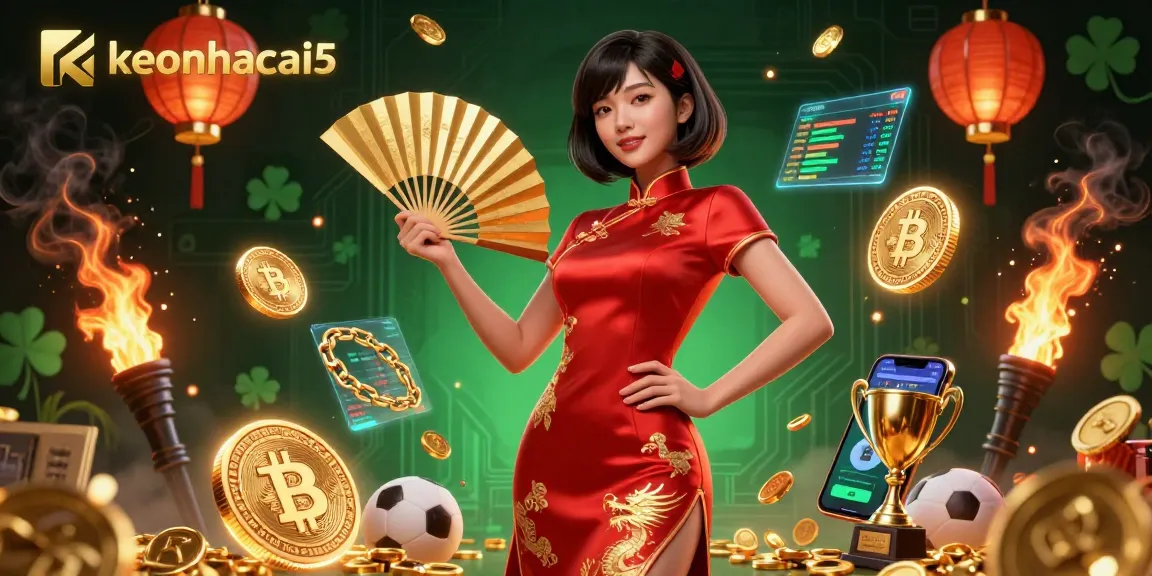 Engage with keonhacai5's vibrant betting scene showcasing rich visuals of sports elements and crypto coins.