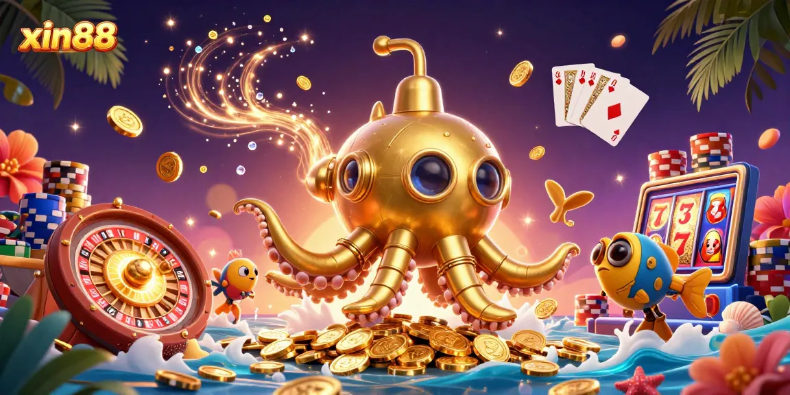 Experience exciting gaming adventures with xin88's vibrant 3D casino illustration featuring a golden kraken.