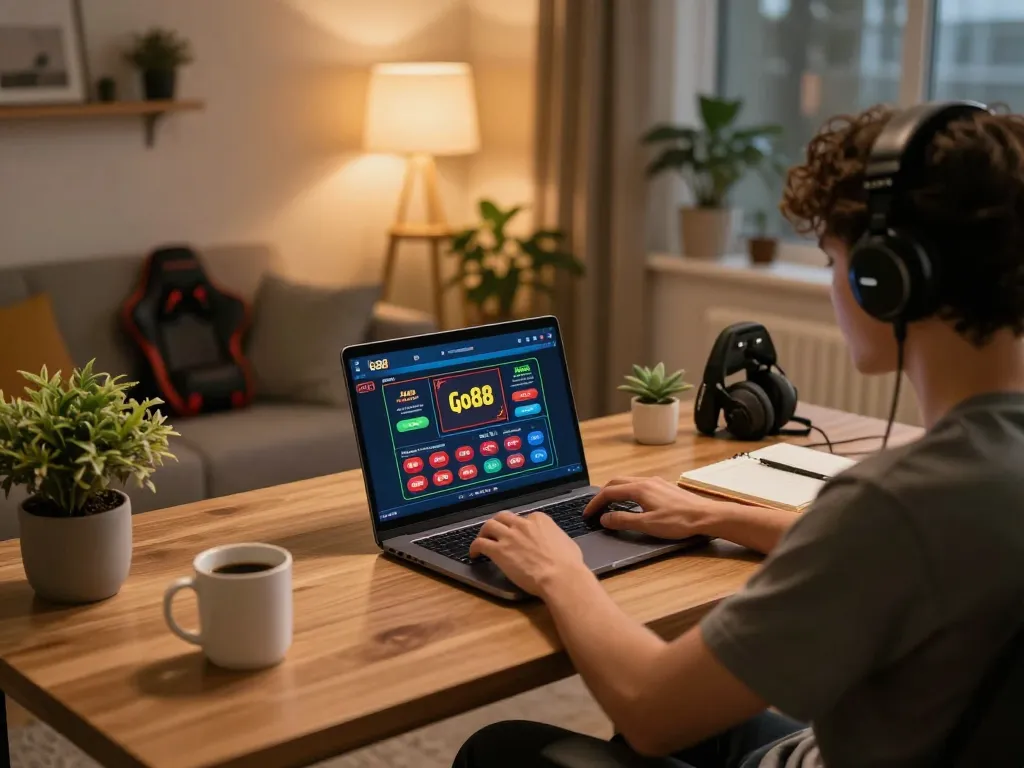 Go88 user enjoying online gameplay on a laptop, showcasing an engaging gaming interface.