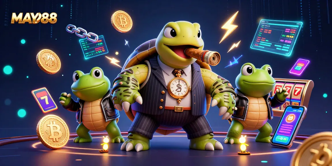 MAY88 bets come alive in vibrant casino chaos with turtles and frogs amidst crypto glimmers.