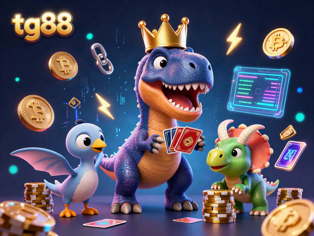 Experience tg88 with a vibrant scene of a T-Rex shuffling cards while a triceratops stacks chips.