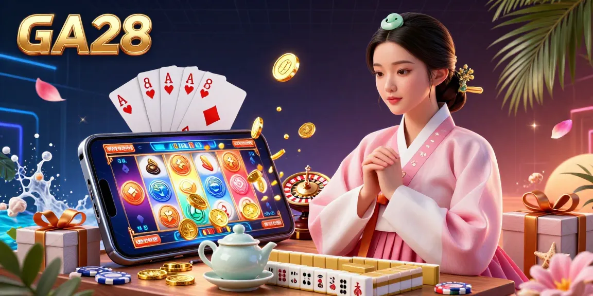 Engage with GA28's vibrant casino scene pitting colorful slot games against traditional elements.