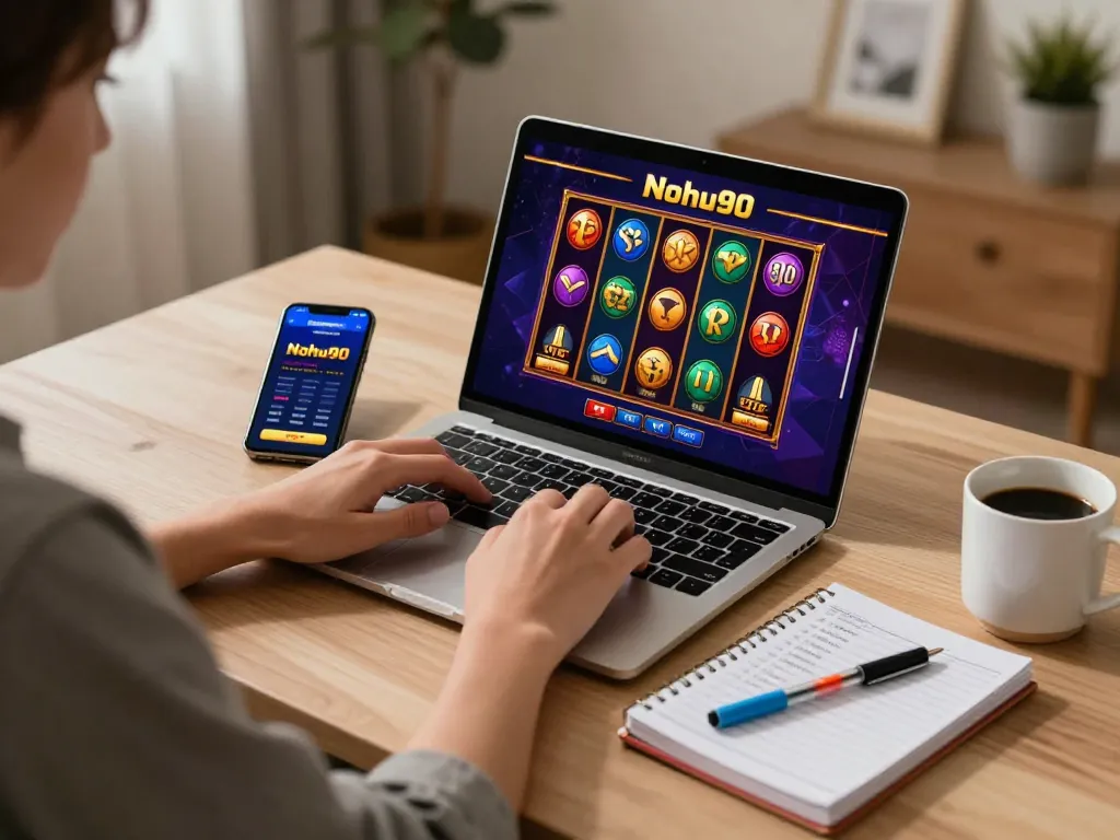 Nohu90 player engaging in online slot gaming at a stylish home office desk.