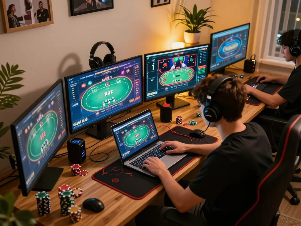 Engaging in online casino gaming with liên minh okwin, showcasing poker strategies in a cozy home environment.
