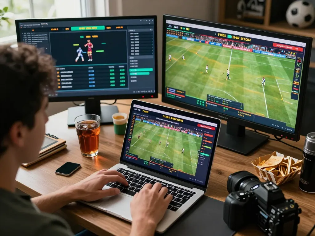 Person strategizing on F8BET sports betting platform with a laptop and multiple monitors in an engaging workspace.