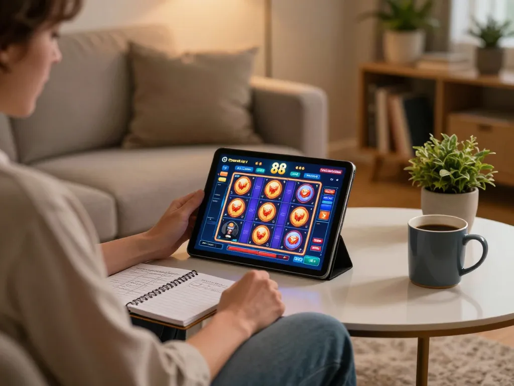Engaging with lv 88 online casino on a tablet while enjoying a cozy home atmosphere