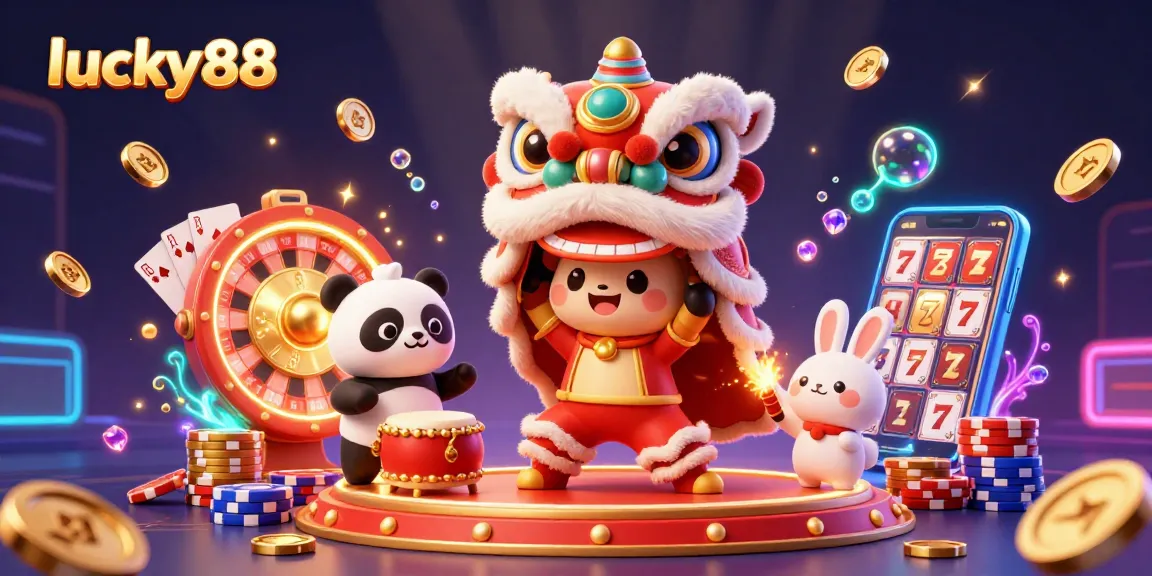 Experience the excitement of lucky88 with vibrant characters and casino elements in a dynamic 3D illustration.