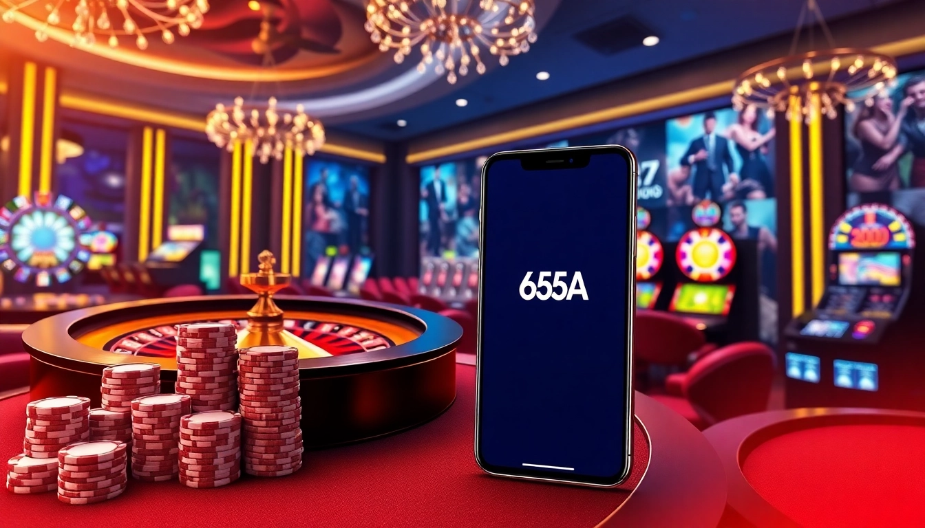 Players engaging with the dynamic online platform of 65A, surrounded by luxury casino elements.
