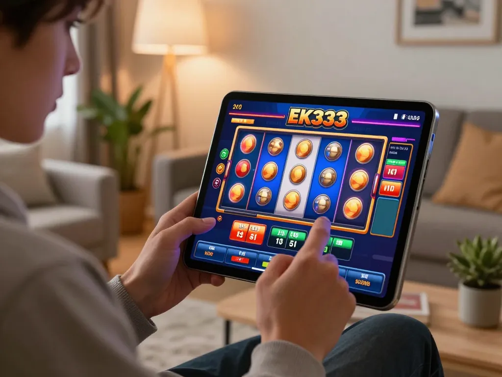 Engaging in EK333 mobile casino gaming with colorful slots on screen while sitting comfortably at home