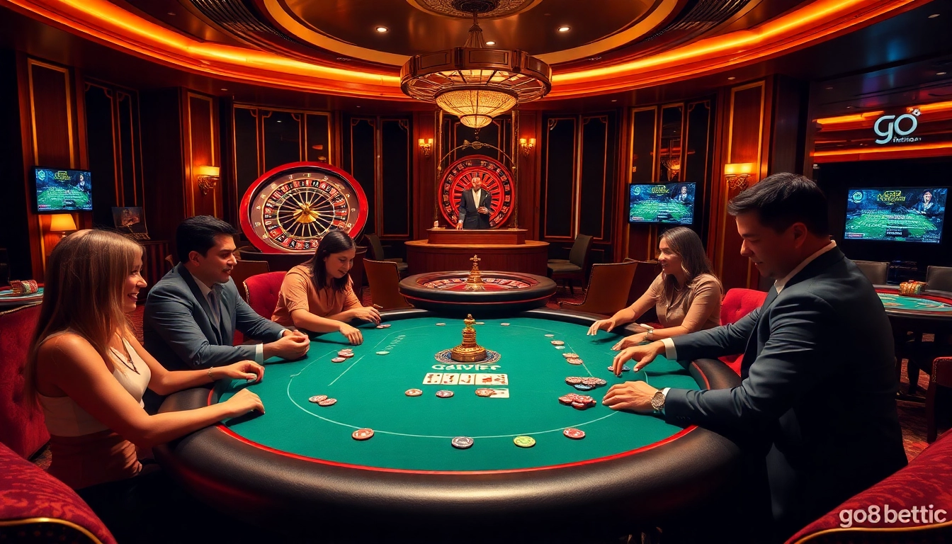 Exciting poker game at a luxurious casino featuring go8 betting platform elements within a vibrant atmosphere.