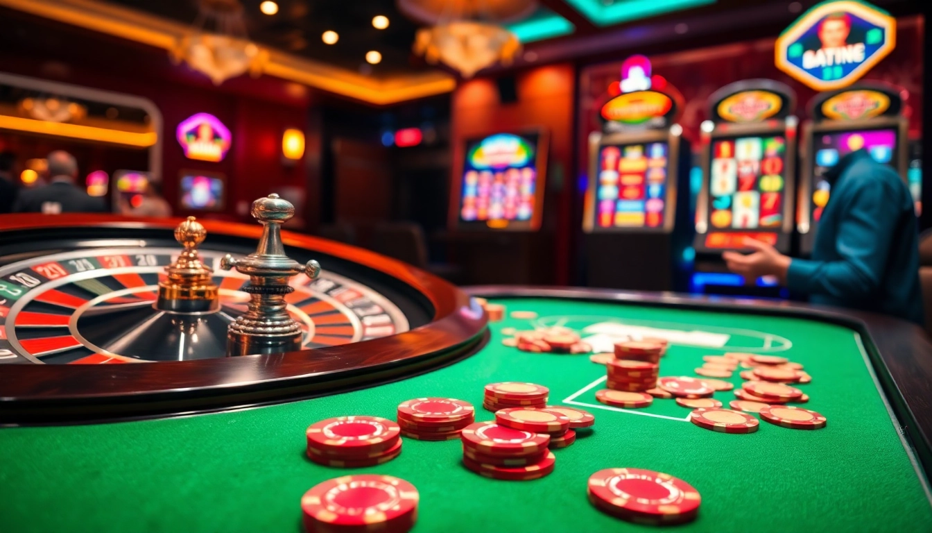 Experience the thrill of gambling at luongsontv, showcasing vibrant casino scenes with poker tables and roulette wheels.